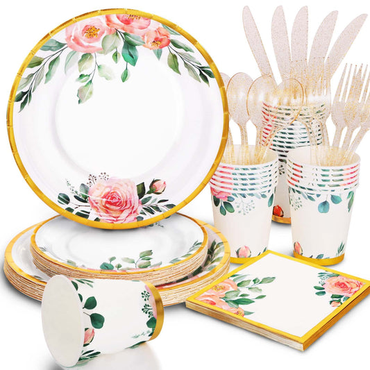 Gudvilla 168PCS Floral Plates and Napkins Party Supplies,Vintage Floral Paper Plates Set With Gold Rim Serve 24 Guests,Floral Disposable Plates Tea Party supplies for Adults Bridal Shower Decorations