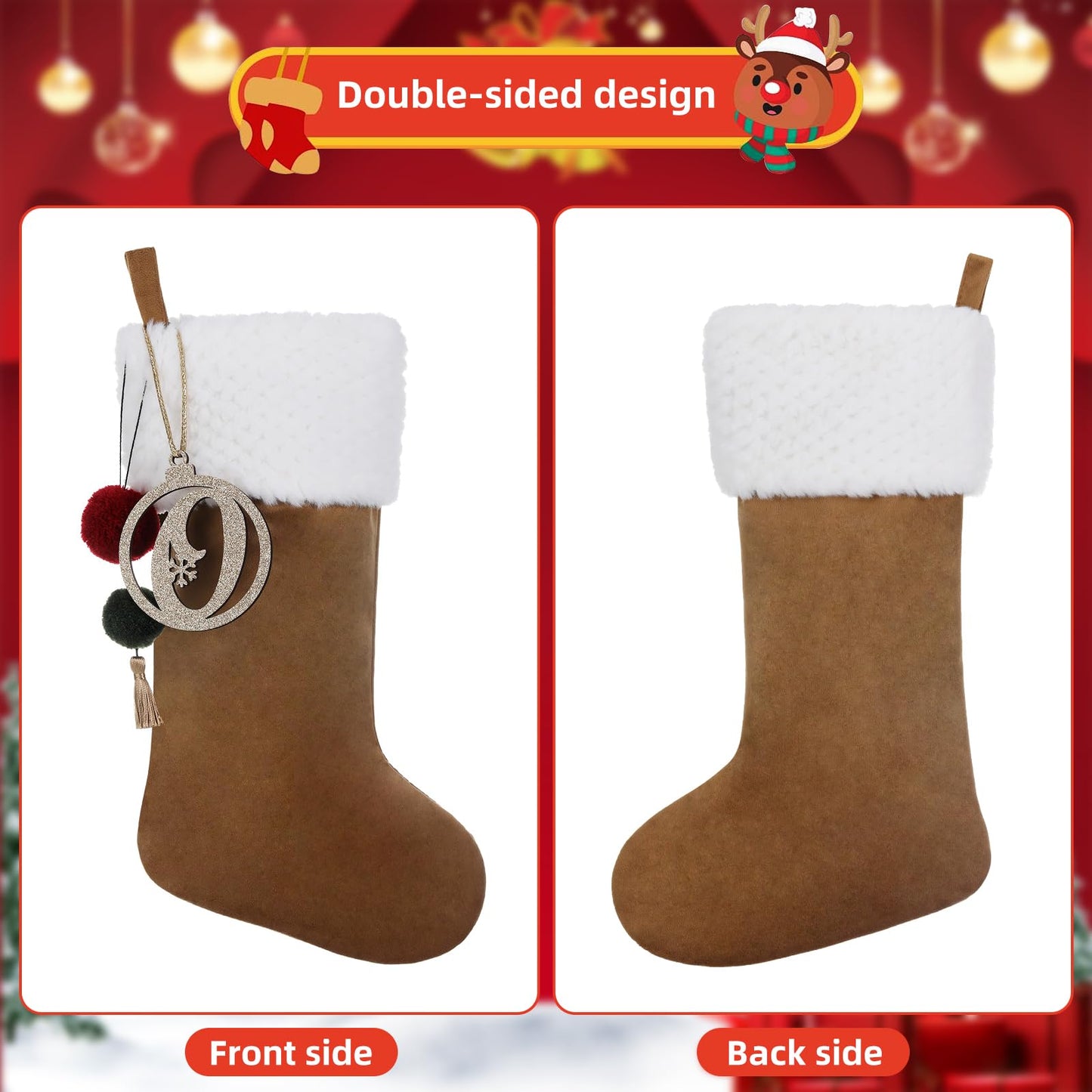 Pxniy Personalized Gold Wooden Initial Christmas Stocking, 19.5 inches Velvet Christmas Stocking with pom poms,Christmas Decorations for Xmas Fireplace Holiday Party(Gold A)