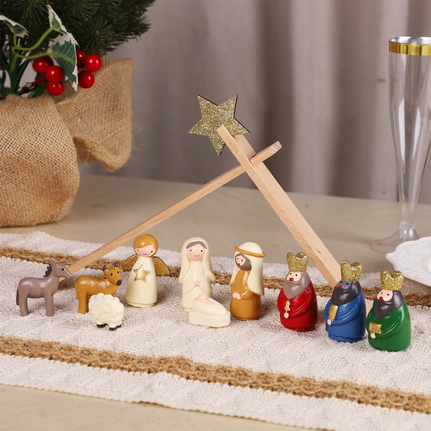 Juegoal Christmas Nativity Sets, Set of 11 Mini Nativity Scene Resin Figurines, Xmas Holy Family Cute Table Ornaments, Religious Holiday Collection Gifts, Baby Jesus Nativity Mantle Shelf Decor
