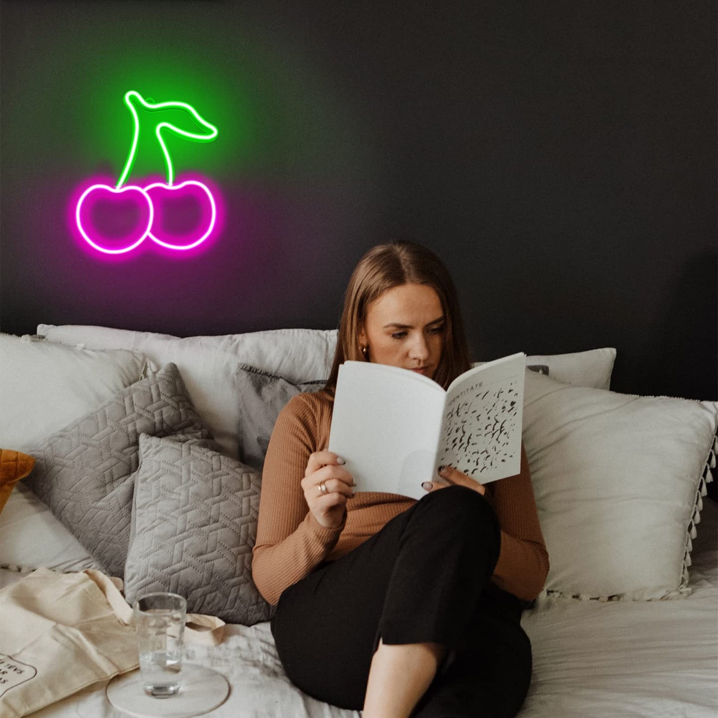 Cherry Neon Sign,Pink Green Cherries Neon Lights Cherry Neon Signs for Wall Decor,Cute Fruits LED Signs for Kids Room Restaurant Bar Fruit Shop Home
