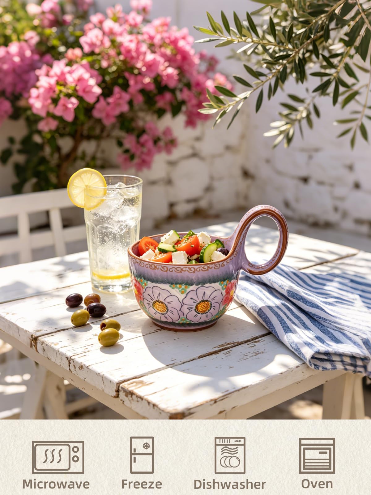 silesia Handmade Ceramic Soup Bowl with Loop Handle, Hand Painted Floral Cereal Bowl, Artisanal Soup Mug for Chili, Stew, Oatmeal, Microwave Safe, Glazed Purple