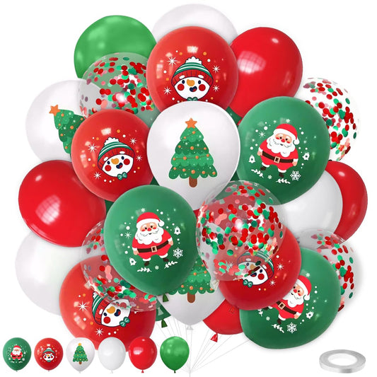 LAOREI Christmas Party Balloons Decorations 60PCS,12 Inch white Red Green Santa Claus Confetti Balloons for Kids Christmas Birthday Bachelorette, Santa, Snowman Party Decorations