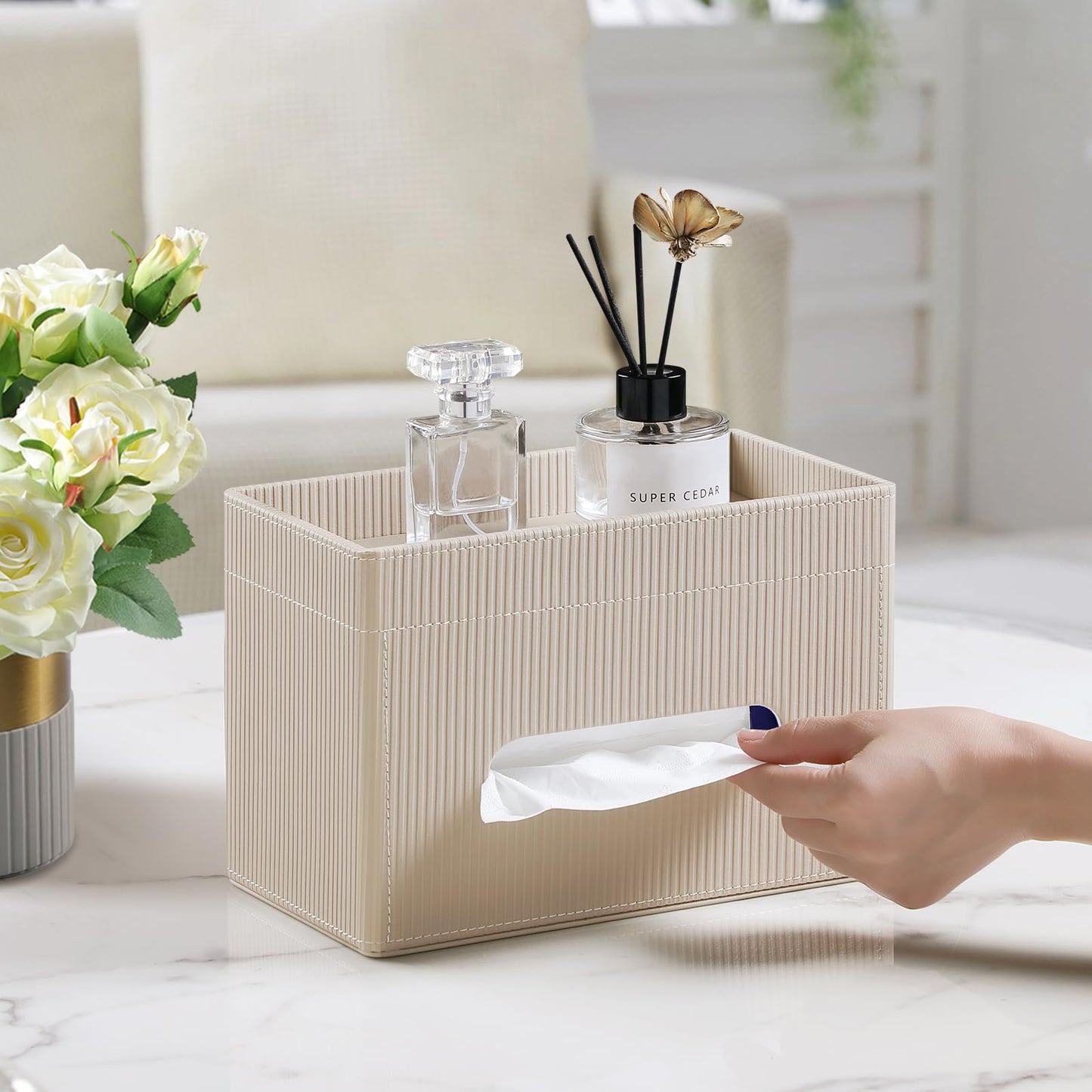 Cretkhp Tissue Box Cover Rectangle with Storage Tray, PU Leather Tissue Holder for Bathroom Vanity Countertop Night Stands Bedroom Office Desk, Stylish Rectangular Tissue Box Holder (Beige)