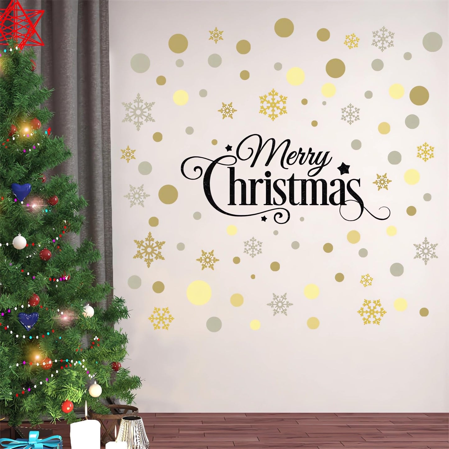 Christmas Gold Brown Gray Polka Dot Snowflake Wall Stickers,sacinora DIY Circle Art Wall Decal Removable Vinyl Peel and Stick for Christmas Party Living Room Bedroom Nursery Children's Room Decoration