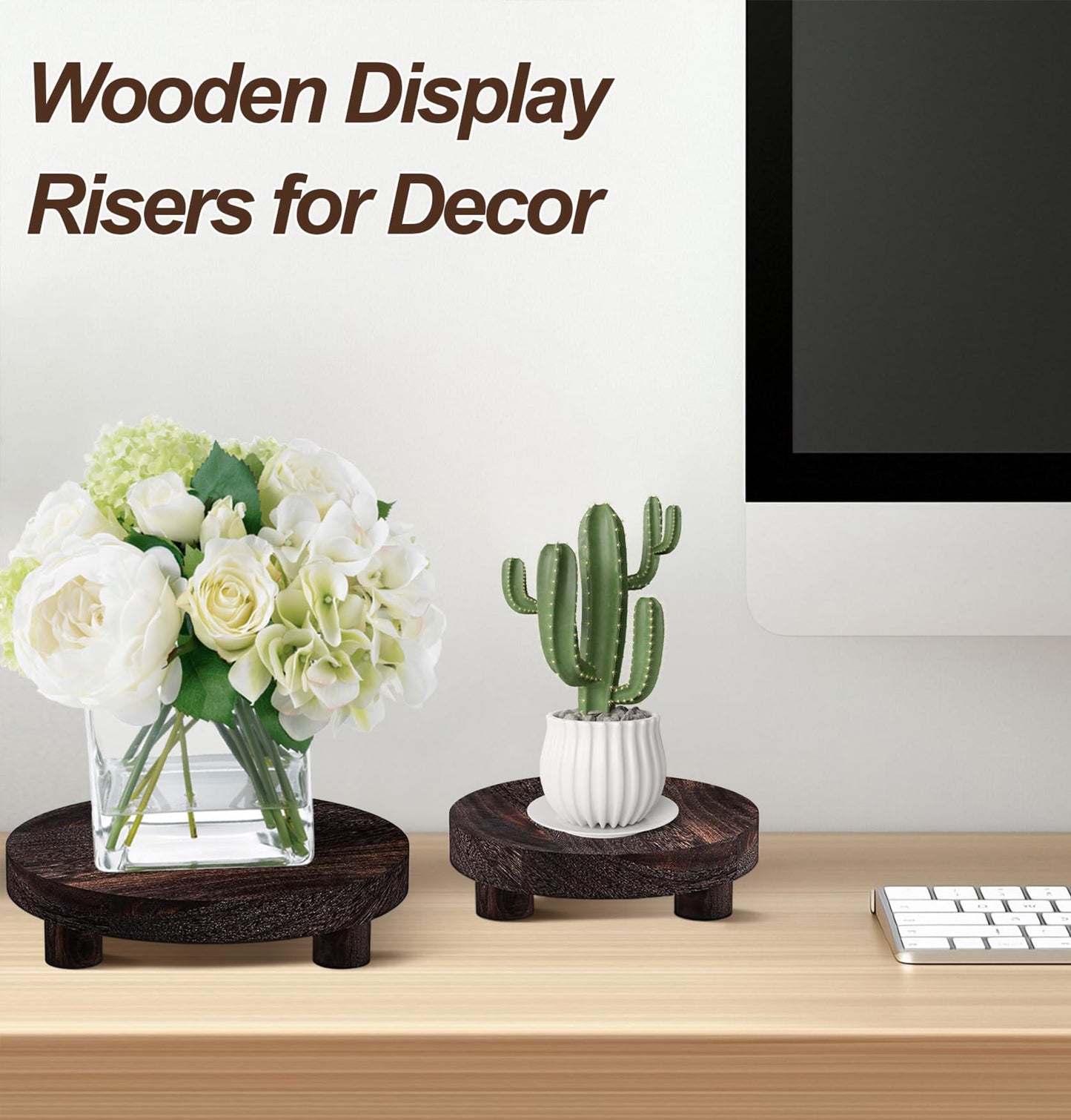 LINGXIANSENG 3 Pcs Wooden Risers for Display, Round Wood Riser Plant Stand 5/6/8" Pedestal Stand, Flower Pot Holder Small Planter Tray for Kitchen Home Décor (Rustic Brown)