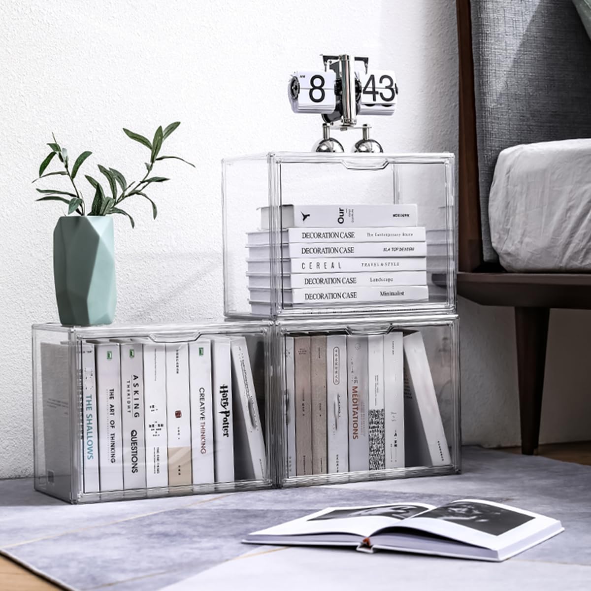 Clear Acrylic Bookcase, Book Organizer Box, Portable Book Containers with Magnetic Door, Stackable Display Case for Purses Handbags Dolls Toys Shoes(Clear, 14.17" ×10.63"×8.66")