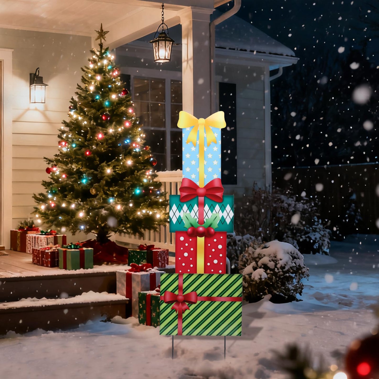Bshine Outdoor Christmas Decoration Yard Sign, 41.5" Box Metal Stakes, Stackable Gift Boxes for Holiday Home Xmas Outdoor Garden, Lawn, Patio, Porch Decor, 4 Pack