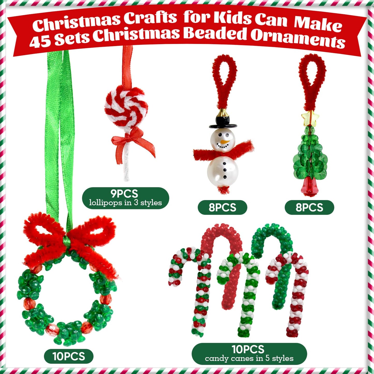 Hifunwu 45 Sets Christmas Beads Ornament Kit, Christmas Crafts with Pipe Cleaners to Make Snowman Christmas Tree Wreath Candy Cane Lollipop