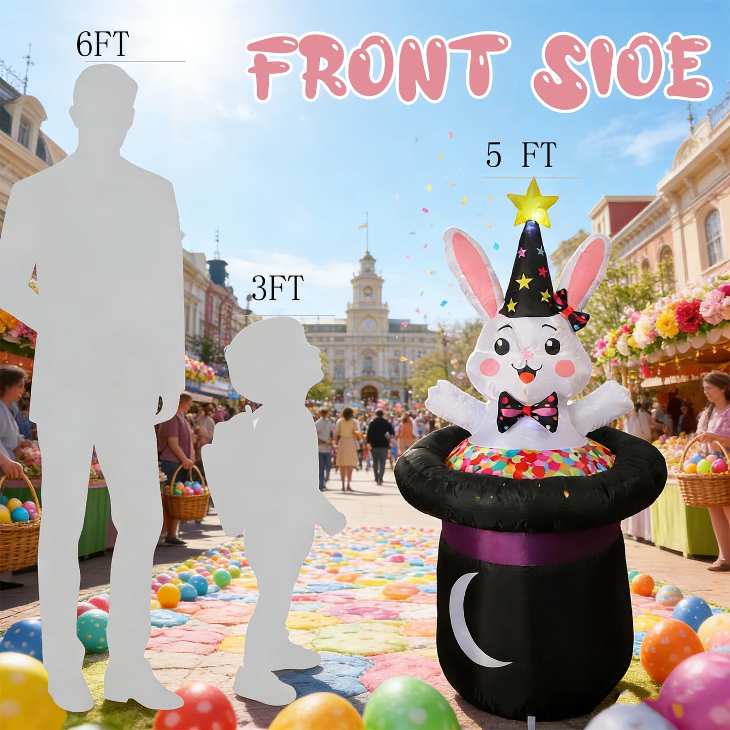IHGYT 5 Ft Inflatable Easter Bunny in Magic Hat Yard Decoration, Cute Wizard Rabbit Popping Out of Top Hat with LED Lights, Blow Up Lawn Decor for Easter, Birthday Party, Indoor Outdoor Home Garden