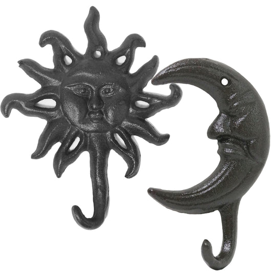 TANGAN Cast Iron Hook, 2Pcs Heavy Duty Vintage Cast Iron Hooks with Screws Hanging, Antique Decorative Wall Hooks Hanger for Coat, Scarf, Bag, Towel, Key, Cap (Sun and Moon)