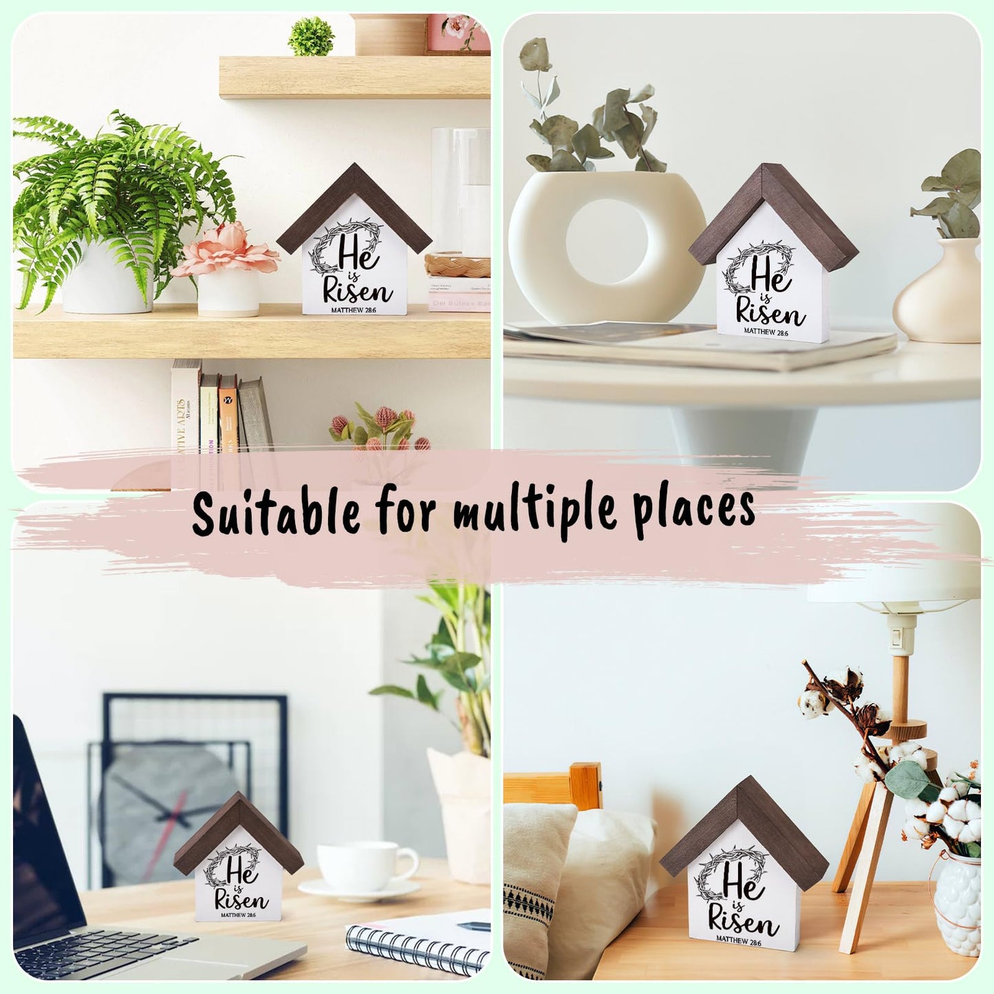 MBL Christian Easter Decor Decorations - Wood He Is Risen Sign Bible Verse Religious Easter Basket Stuffers Essentials Rustic Table Home Living Room Bedroom Shelf Tiered Tray for Women Men Teen Adults