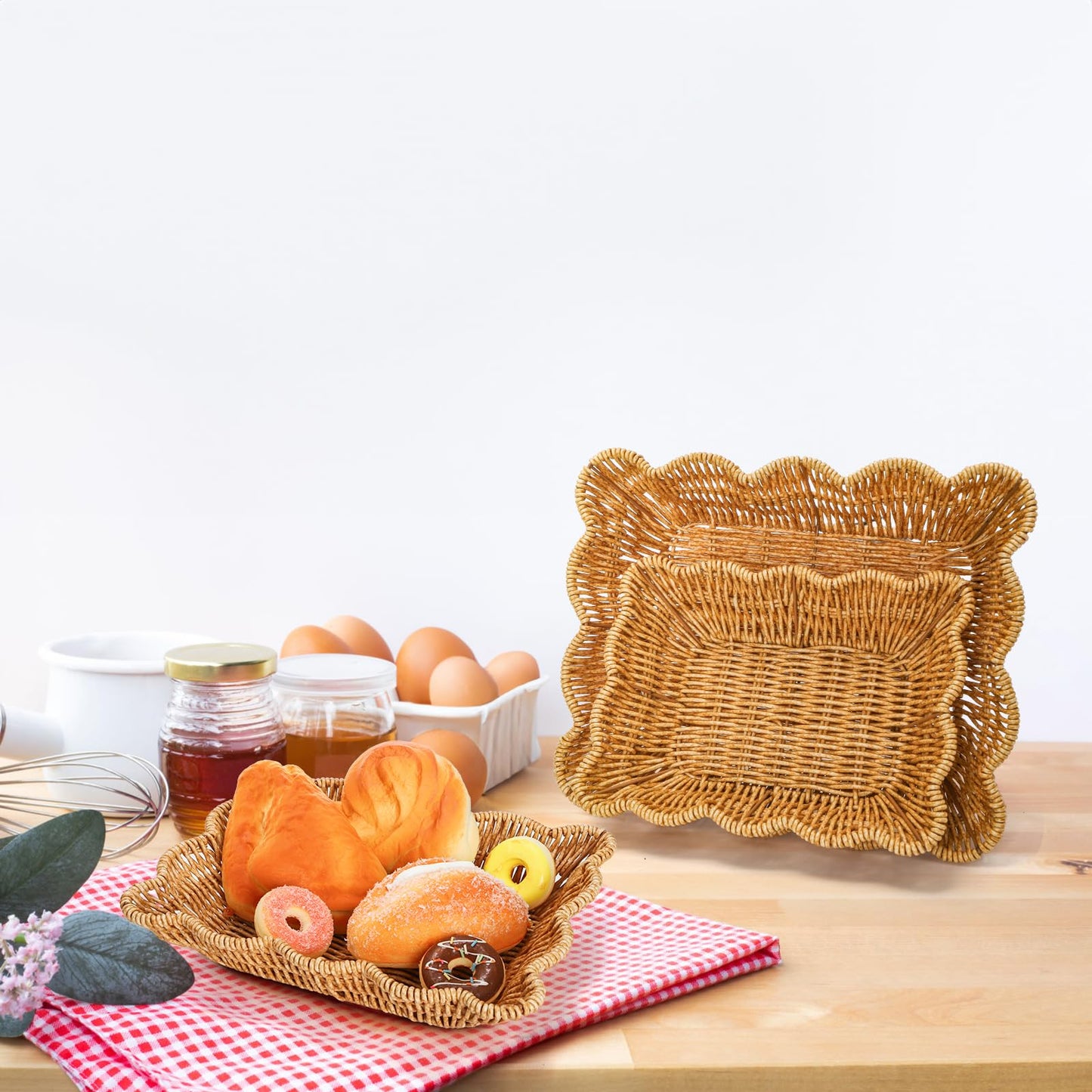 Jucoan 3 Pack Poly Wicker Bread Baskets, Imitation Rattan Fruit Baskets, Rectangular Tabletop Woven Serving Baskets Trays for Fruits Vegetables and Snacks, Restaurant Hotel Kitchen
