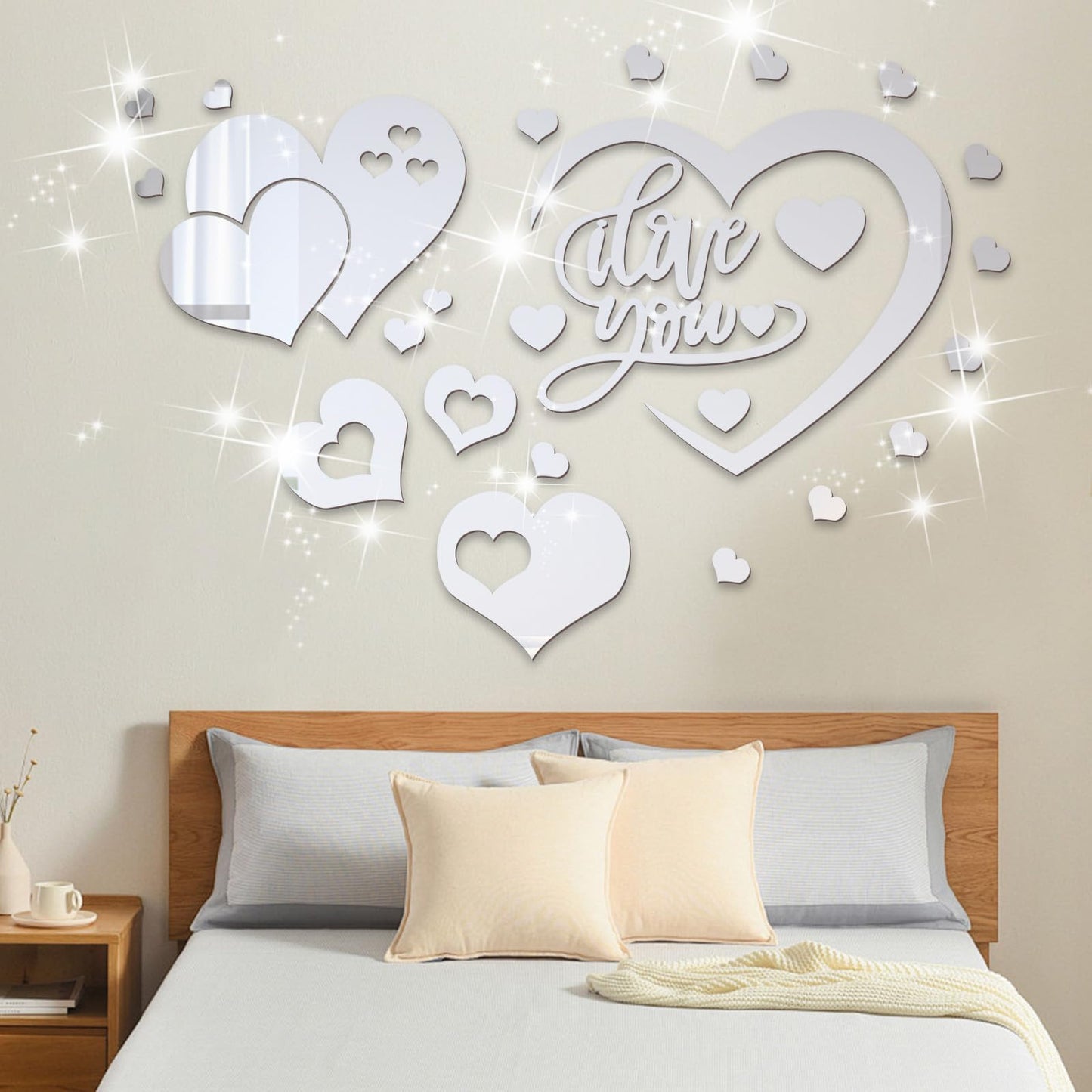 STNRST-IN 25 PCS Mirror Wall Decor, Acrylic Removable Heart Shape Mirror Stickers, DIY Self-Adhesive Wall Decor for Home Living Room Bedroom Bathroom Kitchen Sofa TV Background Decoration(Silver)