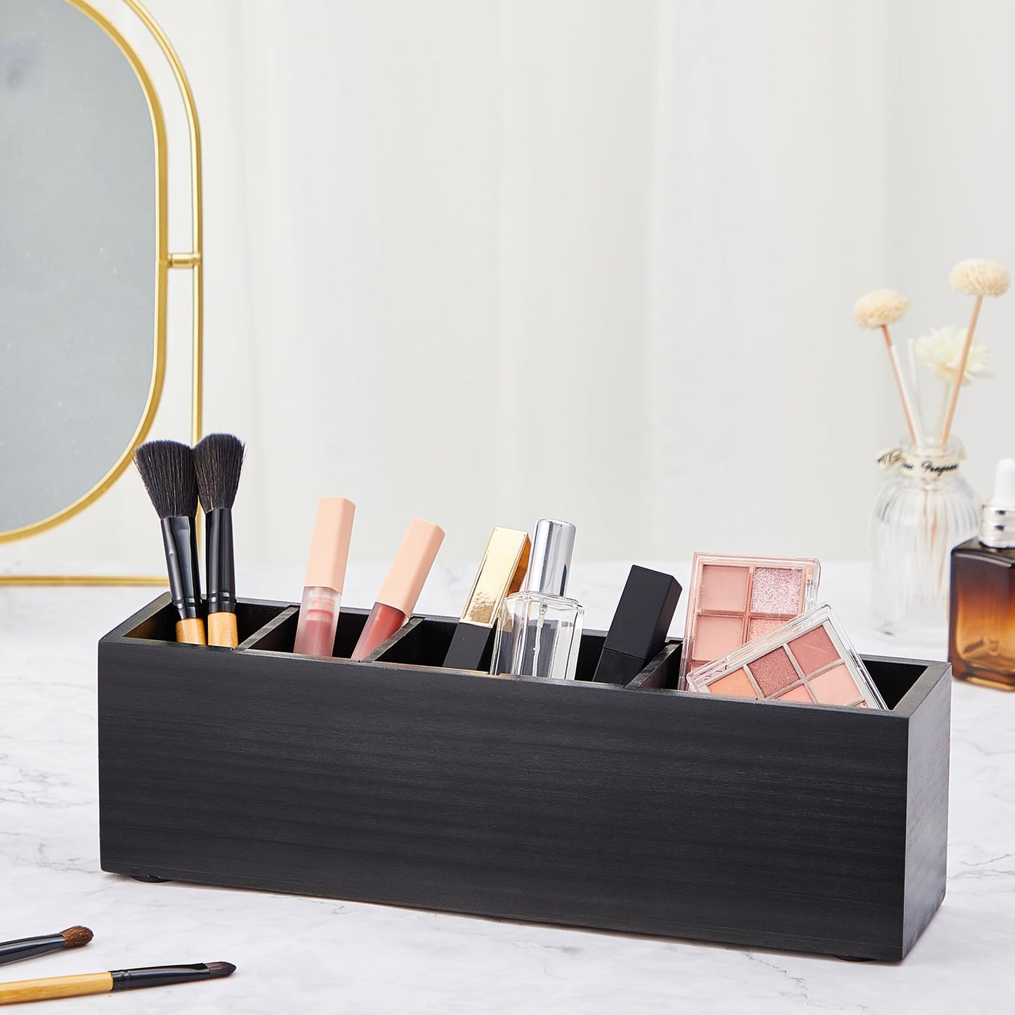 Jetec Wooden Pencil Pen Holder for Desk 6 Compartments Wood Office Desk Organizers for Countertop Adjustable Makeup Brush Organizer Silverware Caddy for Party, Home, Art Supplies(Black)
