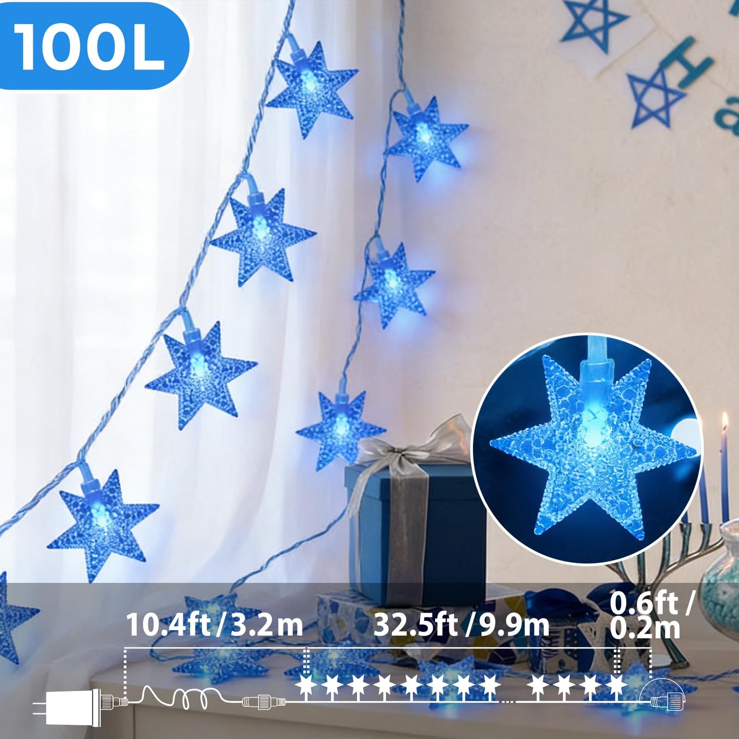 LAMPHOME Blue Star String Lights, 33ft 100 LED Clear Wire Fairy Lights with 16 Modes, Plug-in Decor for Easter Christmas Tree Bedroom Garden Wedding Birthday Party