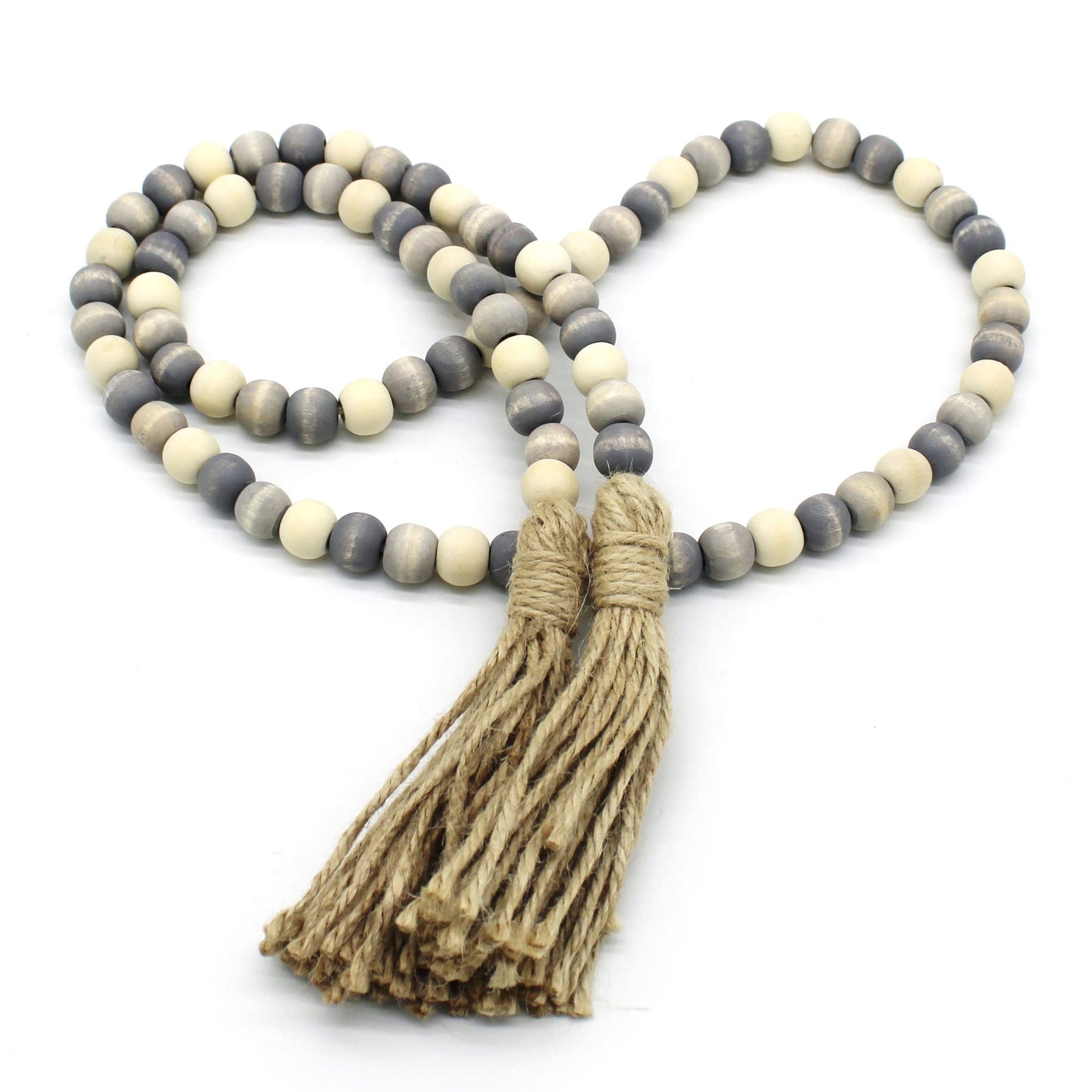 CVHOMEDECO. Wood Beads Garland with Tassels Farmhouse Rustic Wooden Prayer Bead String Wall Hanging Accent for Home Festival Decor. Grey Mix Distressed