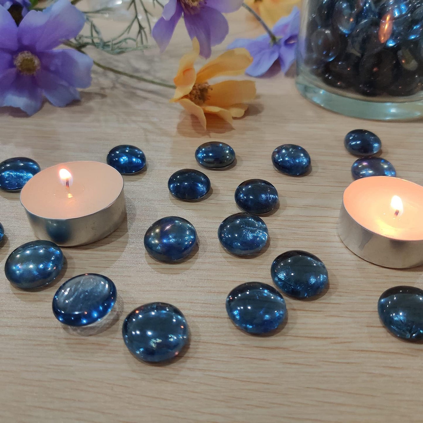 HappyFiller Flat Glass Marbles Grey Blue Gems 1 LB Approx 100 PC Fill 0.3 L Vol.Aquarium Pebbles,Fire Drop Beads,Vase Filler,Art Crafts,Candle Holder Decor Stone