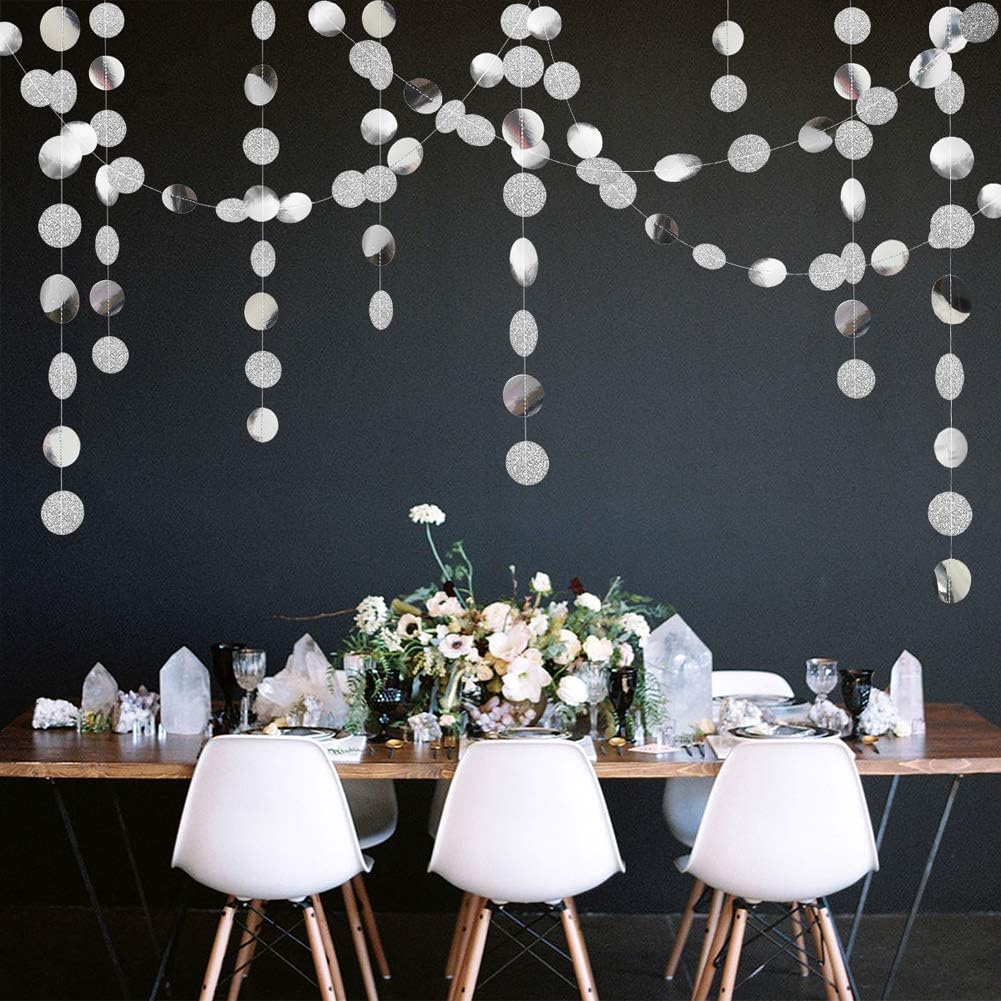 Decor365 Glitter Silver Party Decorations Silver Circle Garland Hanging Dot Streamers Banner Backdrop Birthday Decoration Bachelorette Bridal Shower Engagement Anniversary Graduation Party Decor