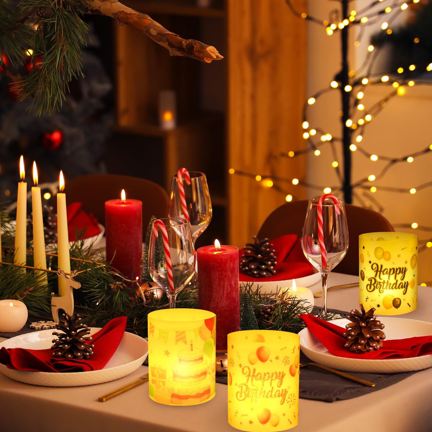 Happy Birthday Table Centerpiece Decorations, 8 Sets Birthday Centerpieces Lantern Boxes & LED Tea Lights, Flameless Votive Candle Holders for Birthday Party, Candle Shade Cover Sleeve for Home Office