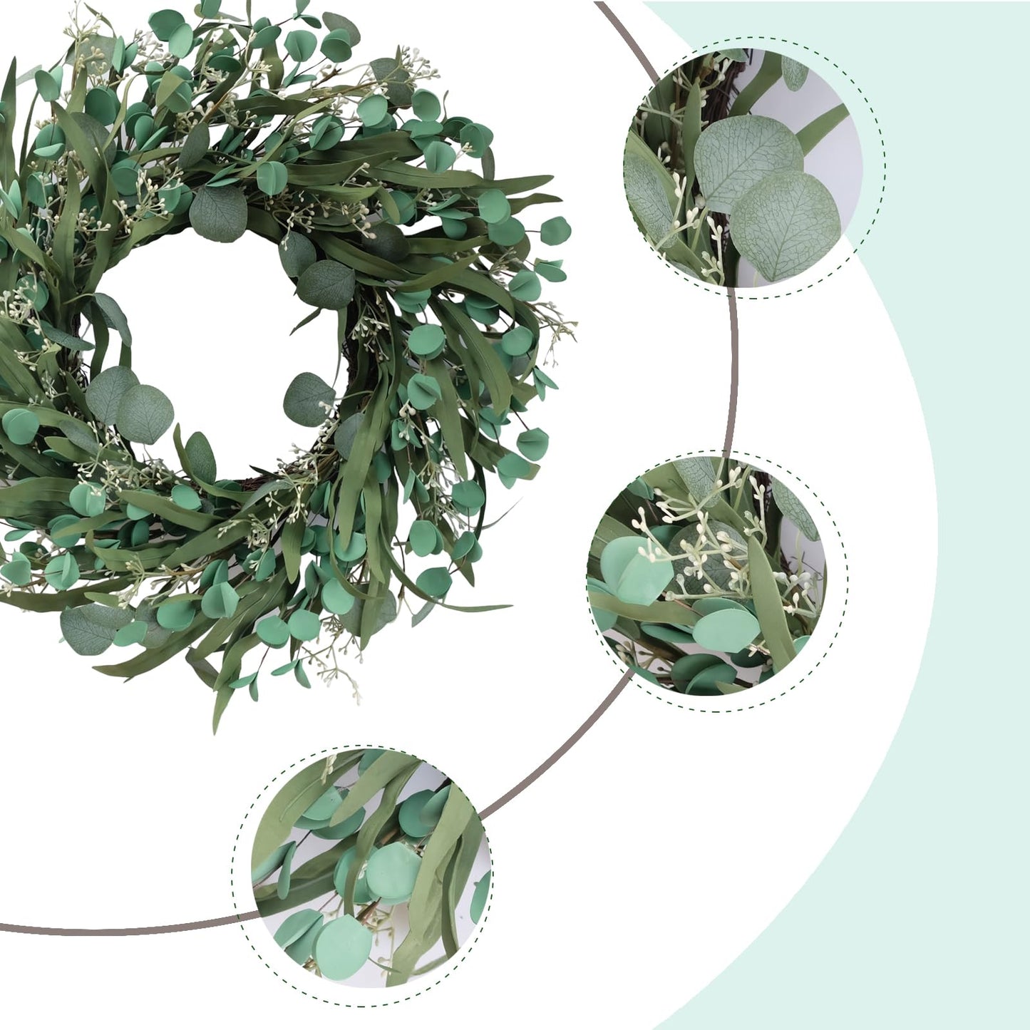 TEMPUS 20 Inch Artificial Eucalyptus Leaves Wreath Greenery Spring/Summer Wreath for Front Doors, Walls, Farmhouse (Indoor/Outdoor Use)
