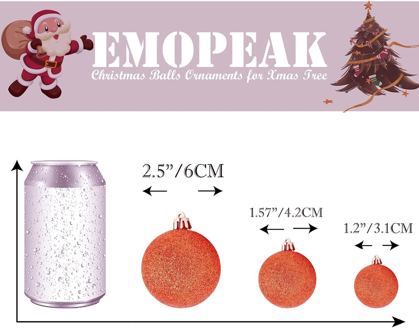 Emopeak 24Pcs Christmas Balls Ornaments for Xmas Christmas Tree - 4 Style Shatterproof Christmas Tree Decorations Hanging Ball for Holiday Wedding Party Decoration (Orange, 2.4"/6.2CM)