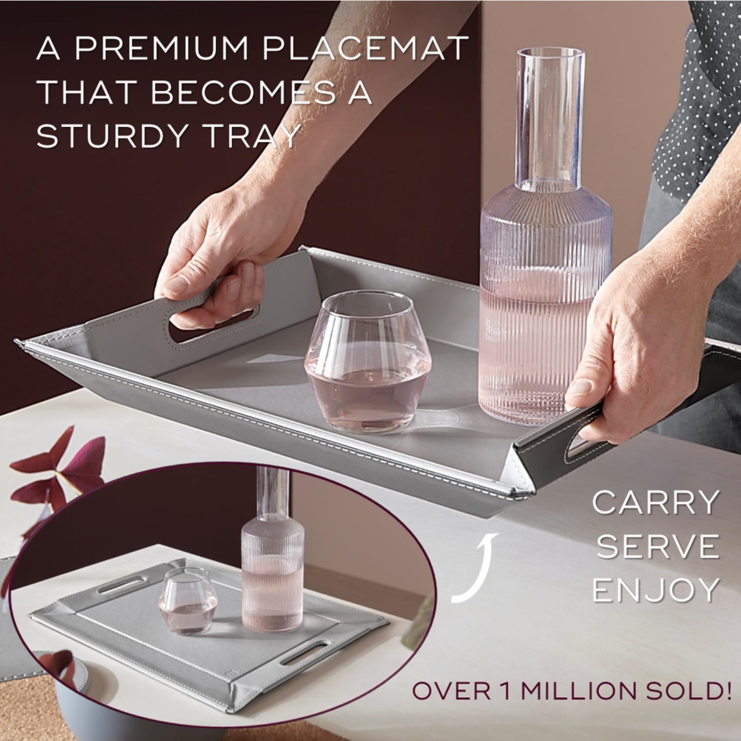 FREEFORM PLACEsMAT 2-in-1 Faux Leather Placemat & Serving Tray | Reversible Design, Lays Flat & Easy to Clean | Ottoman Food Tray, Perfect Housewarming Gift, 18” x 14” (Taupe & White, Single)