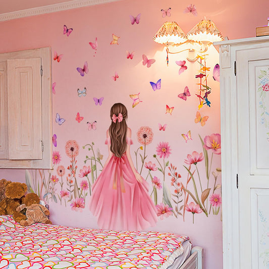 Pink Flower Wall Sticker DIY Purple Princess Dandelion Floral Butterfly Wall Stickers for Girls Bedroom Baby Nursery Kids Room Wall Decor Removable Waterproof