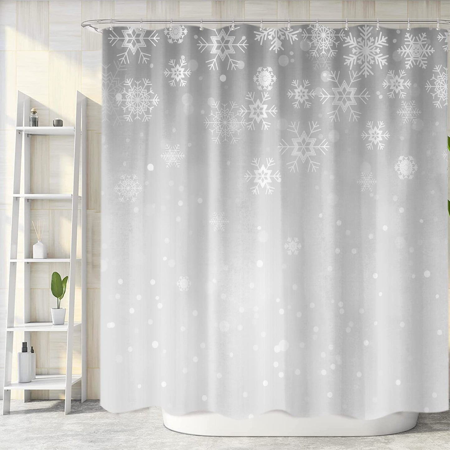 Sanzugh Grey Christmas Shower Curtain, Winter White Gray Silver Snowflake Fabric Shower Curtains Set for Bathroom Sparkly Xmas Snow Decoration with Hooks 72 X 72 inch Bath Decor