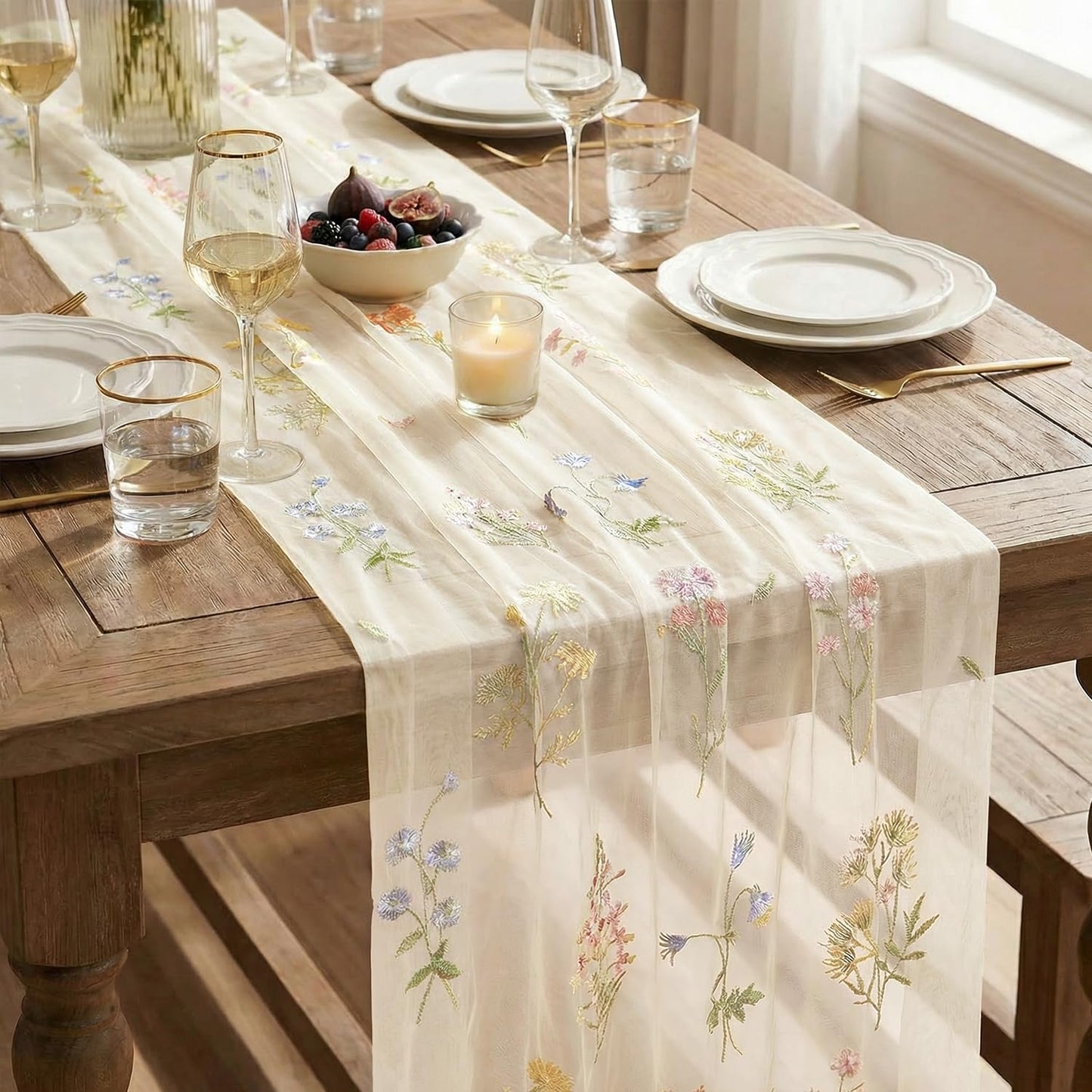 Artoid Mode Wildflower Floral Beige Apricot Gauze Embroidery Table Runner 120 Inch 10FT, Tulle Seasonal Spring Kitchen Dining Table Decor for Home Party