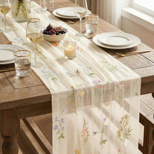 Artoid Mode Wildflower Floral Beige Apricot Gauze Embroidery Table Runner 120 Inch 10FT, Tulle Seasonal Spring Kitchen Dining Table Decor for Home Party