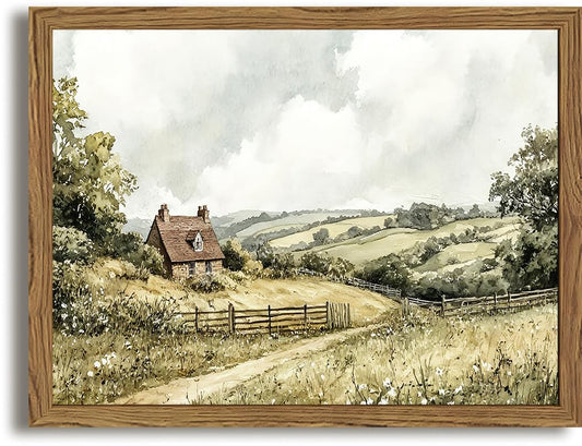 Framed Vintage Canvas Wall Art, Cottage Landscape Wall Decor Paintings, Rustic Farmhouse Pictures Prints Aesthetic Home Decor for Living Room Bedroom Bathroom 8x10 inch