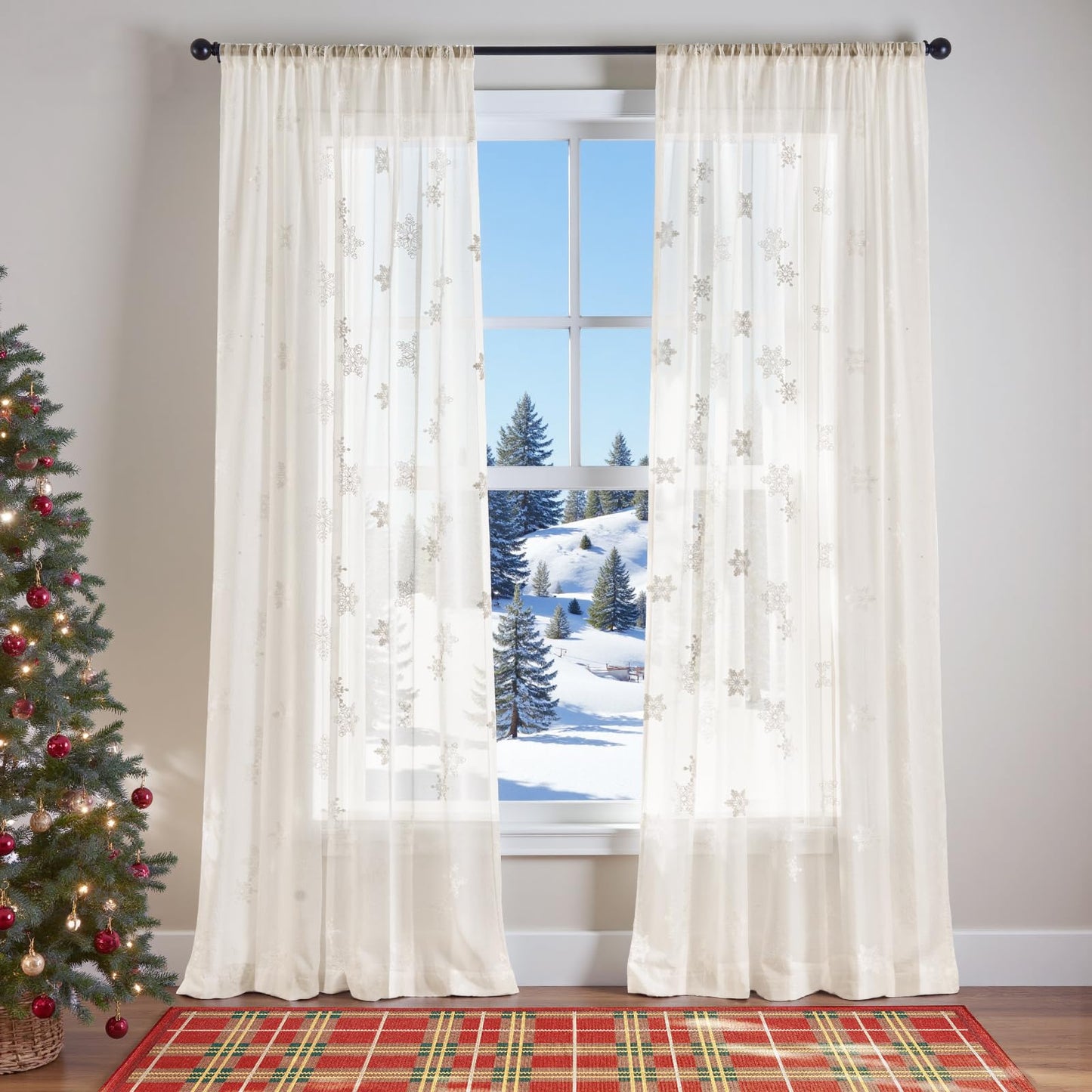 jinchan Embroidered Curtains Sheer Christmas Curtains Off White Snowflake Voile 84 Inch Length Rod Pocket Xmas Decor Winter Holiday Window Decorations Living Room Bedroom 2 Panels Set