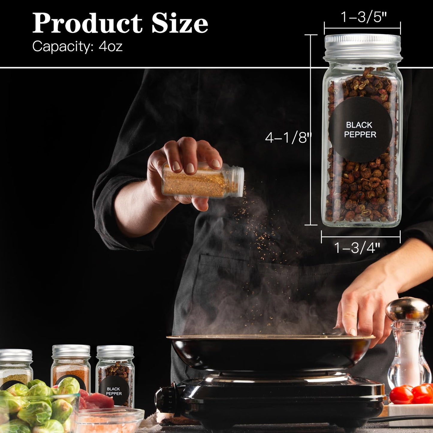 DkOvn 12pcs Glass Spice Jars, 4oz Empty Spice Jars with Metal Caps, Labels, Shaker Lids, Collapsible Funnel, Chalk Pen, Seasoning Organizer for Spice Rack