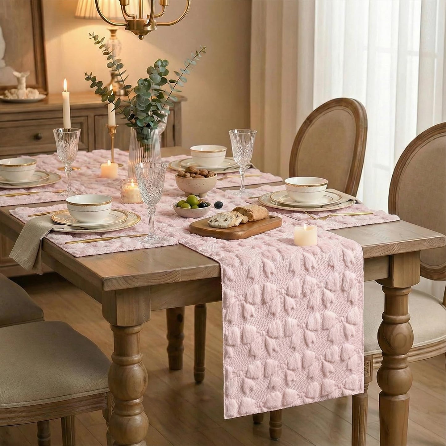 Artoid Mode Pink Bows Spring Placemats Set of 4, 12x18 Inch Soft Plush Faux Fur Wool Holiday Table Mats for Party Kitchen Dining Decoration