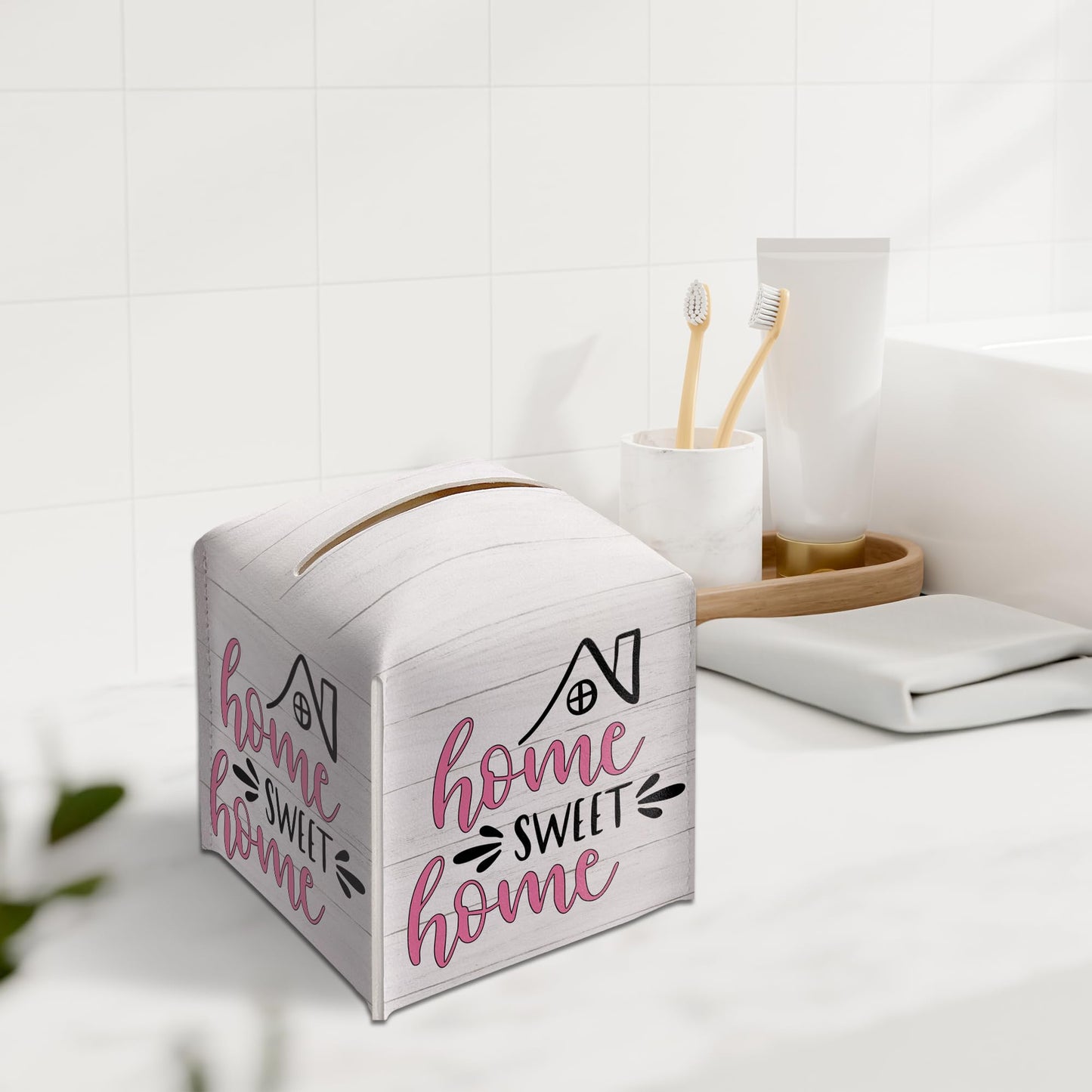 Home Sweet Home Tissue Box Cover, PU Leather Tissue Box Holder Square with Bottom Belt, Facial Paper Organizer Dispenser Toilet Paper Holder for Bathroom Kitchen Office Decor-A22