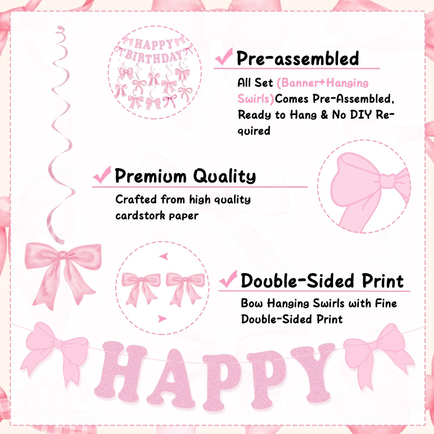 Bow Birthday Party Decorations, Cute Pink Bow Birthday Banner Bows Party Hanging Swirls Set for Women Girls Bows Party Decorations, Baby Shower Party Decor Supplies