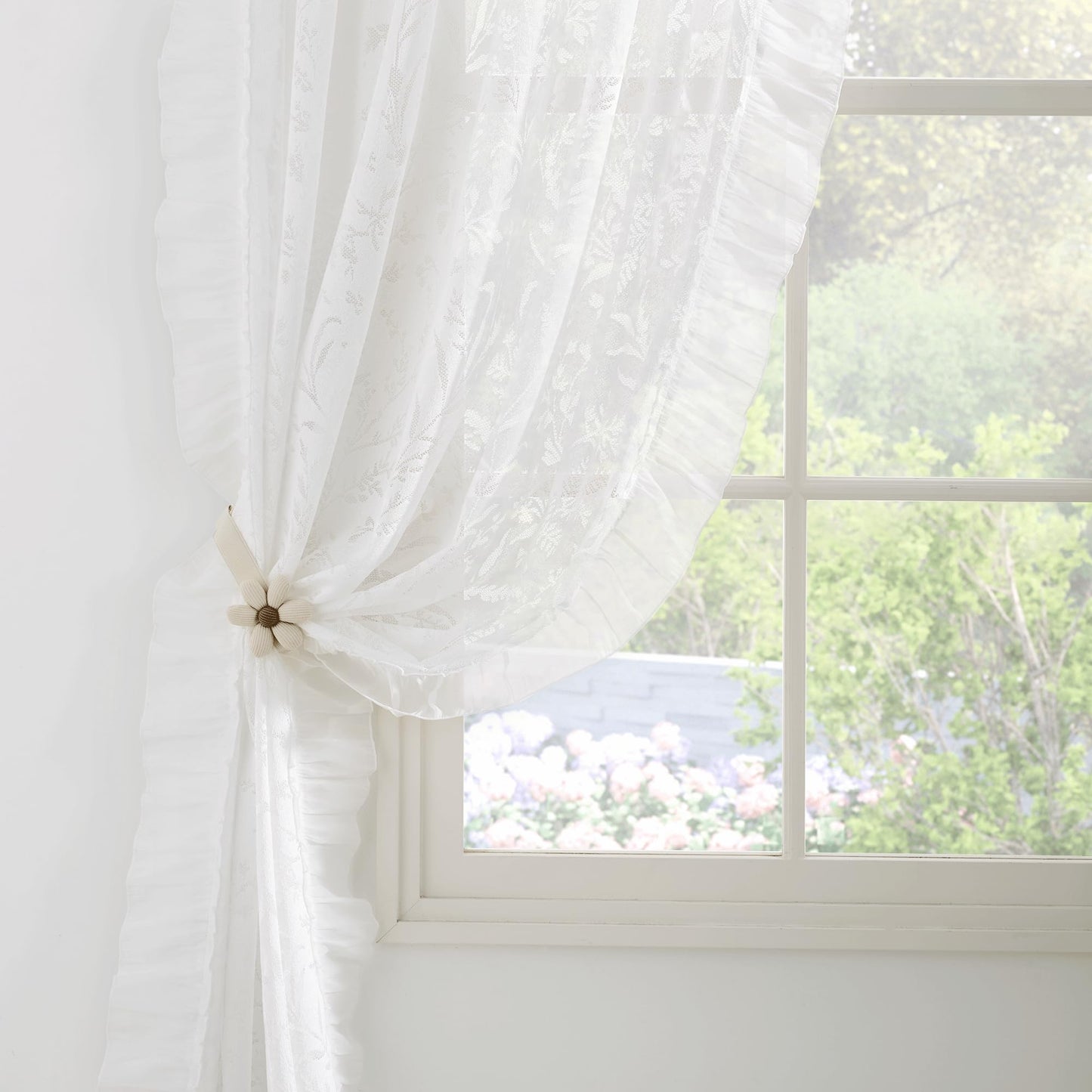 NICETOWN White Sheer Shabby Chic Lace Curtains for Bedroom, Rod Pocket & Back Tab Leaf Pattern Semi Sheer Window Treatments Privacy with Light Filtering for Living Room, 2 Panels