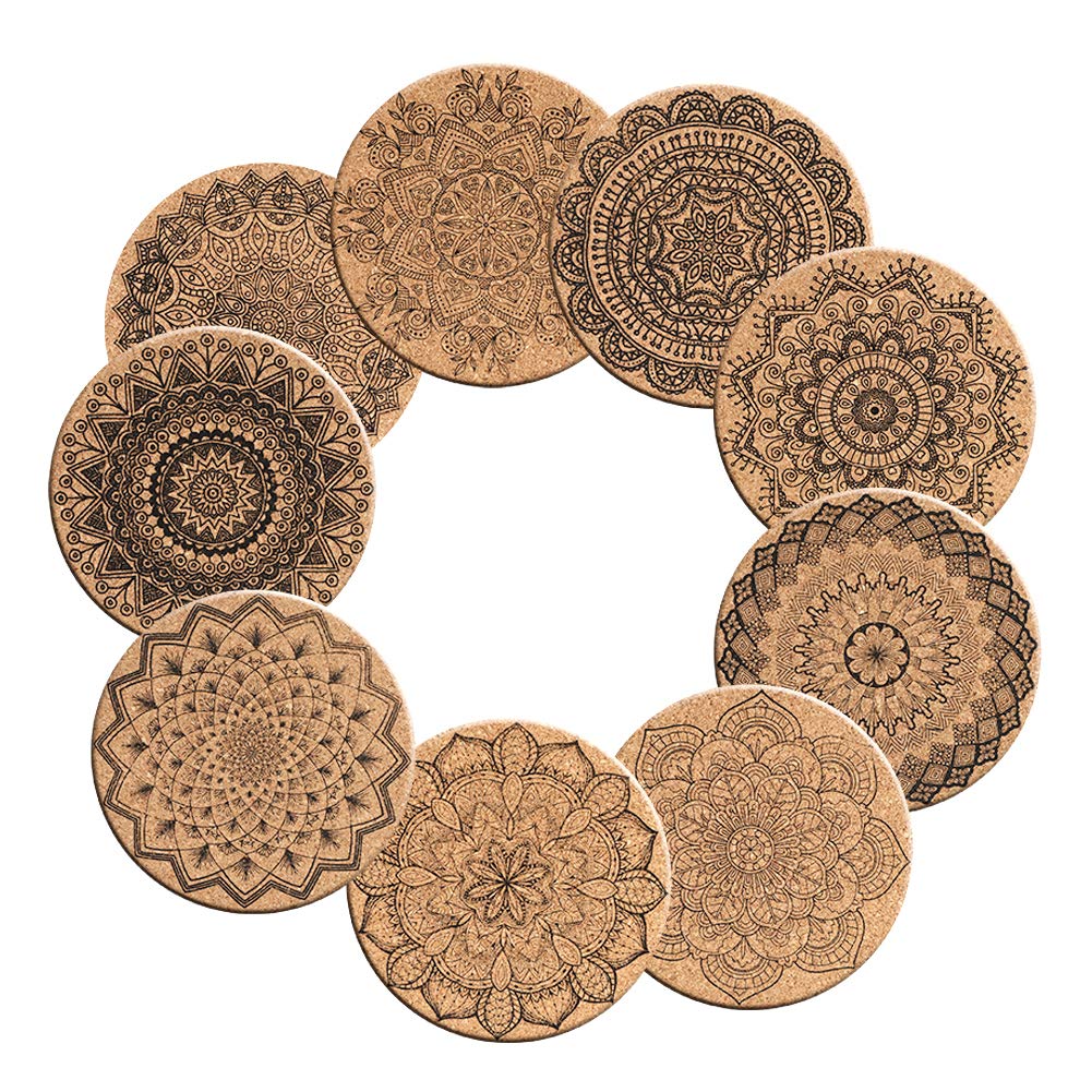 Soleebee Cork Coasters for Drinks, Reusable Cup Mat Round Cork Coasters Set for Home, Office, Bar, Restaurant - 4 Inches (Pack of 9)