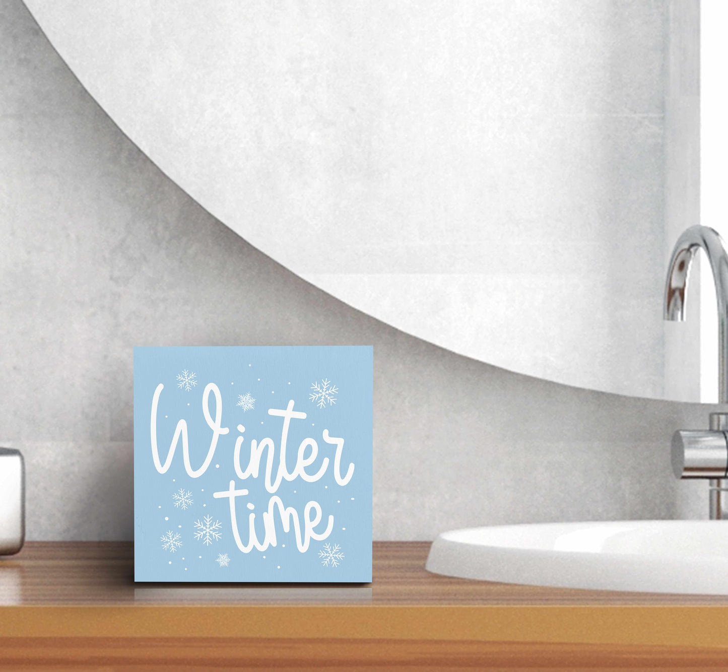 SRADMO Winter Time Christmas Blue Wooden Sign Desk Decor, Modern Farmhouse Pastel Blue Snowflake Christmas Wood Block Signs for Home Office Xmas Party Holiday Desk Table Shelf Decorations, 5x5 Inches