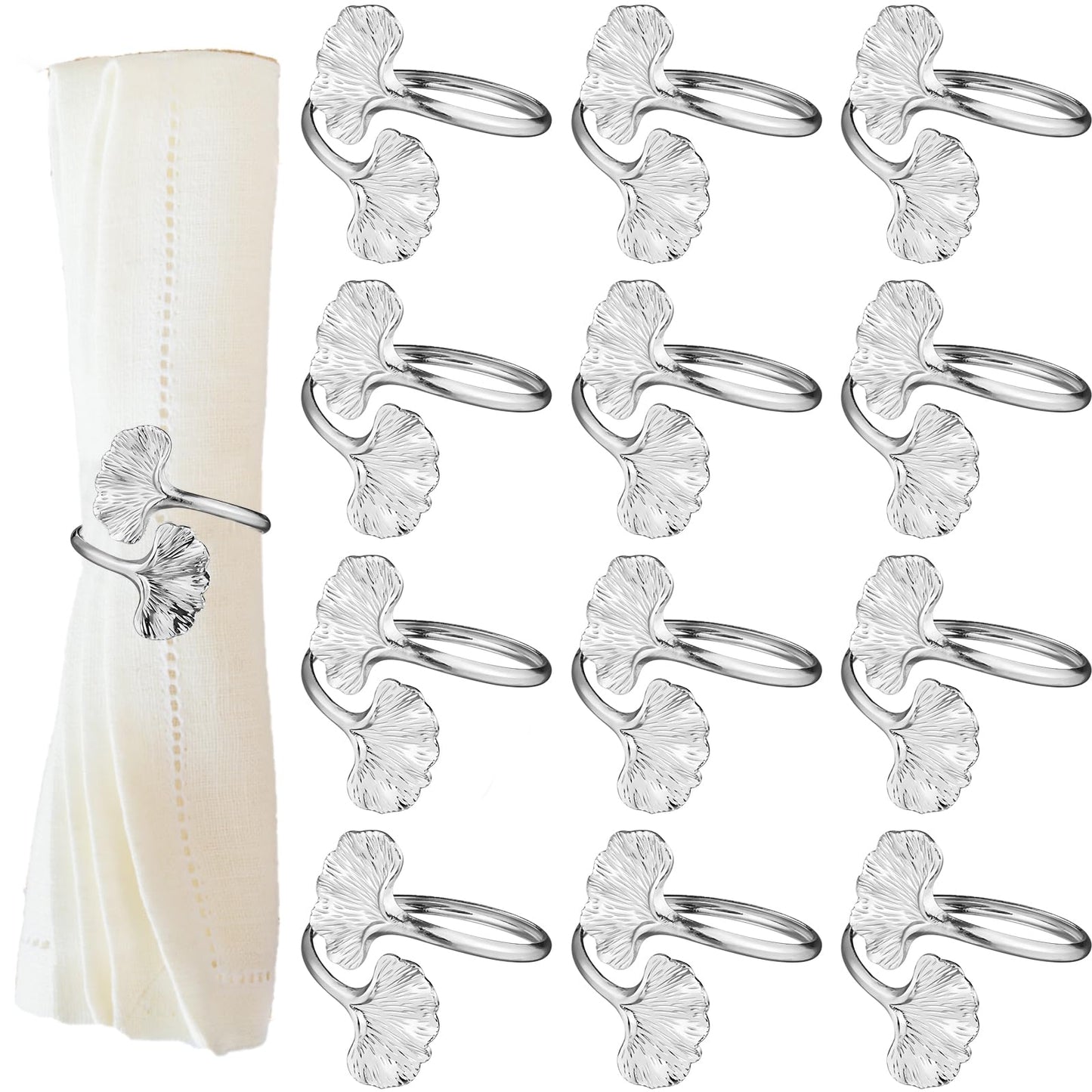 Ginkgo Leaf Napkin Rings Set of 12 Stainless Steel Gold Napkin Holder Metal Napkin Ring for Dinner Party Wedding Banquet Buffet Table (Silver, Ginkgo Leaf)
