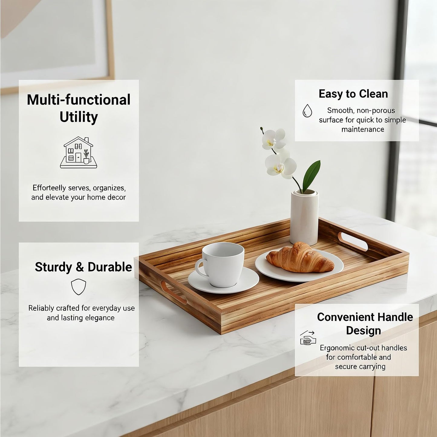 Krismax Wooden Serving Tray with Handles, Rustic Brown Rectangular Serving Platter 15.7x11.4 Inch for Coffee Table, Decorative Storage Tray