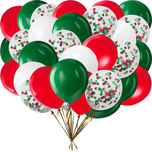 Red White Green 12inch Balloons with Confetti Balloons for Wedding, Birthday, Baby Shower, Christmas, Family Parties Decoration(55Pcs)
