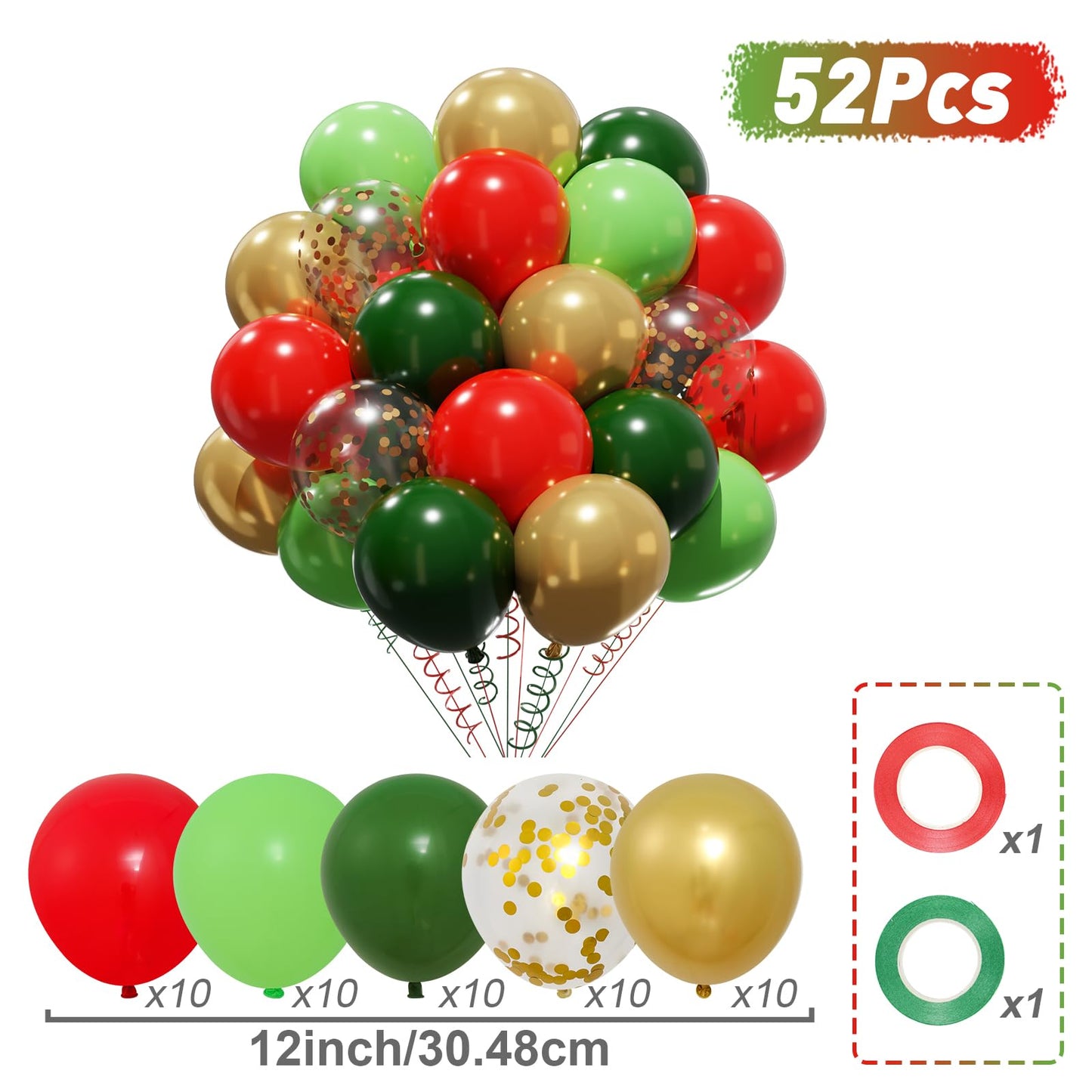 Patimate Red Green Christmas Balloons Set, 50 pcs 12 inch Metallic Gold Lime Forest Green Red Gold Confetti Latex Balloons Kit for Christmas Grinch Birthday Baby Shower Party Decorations