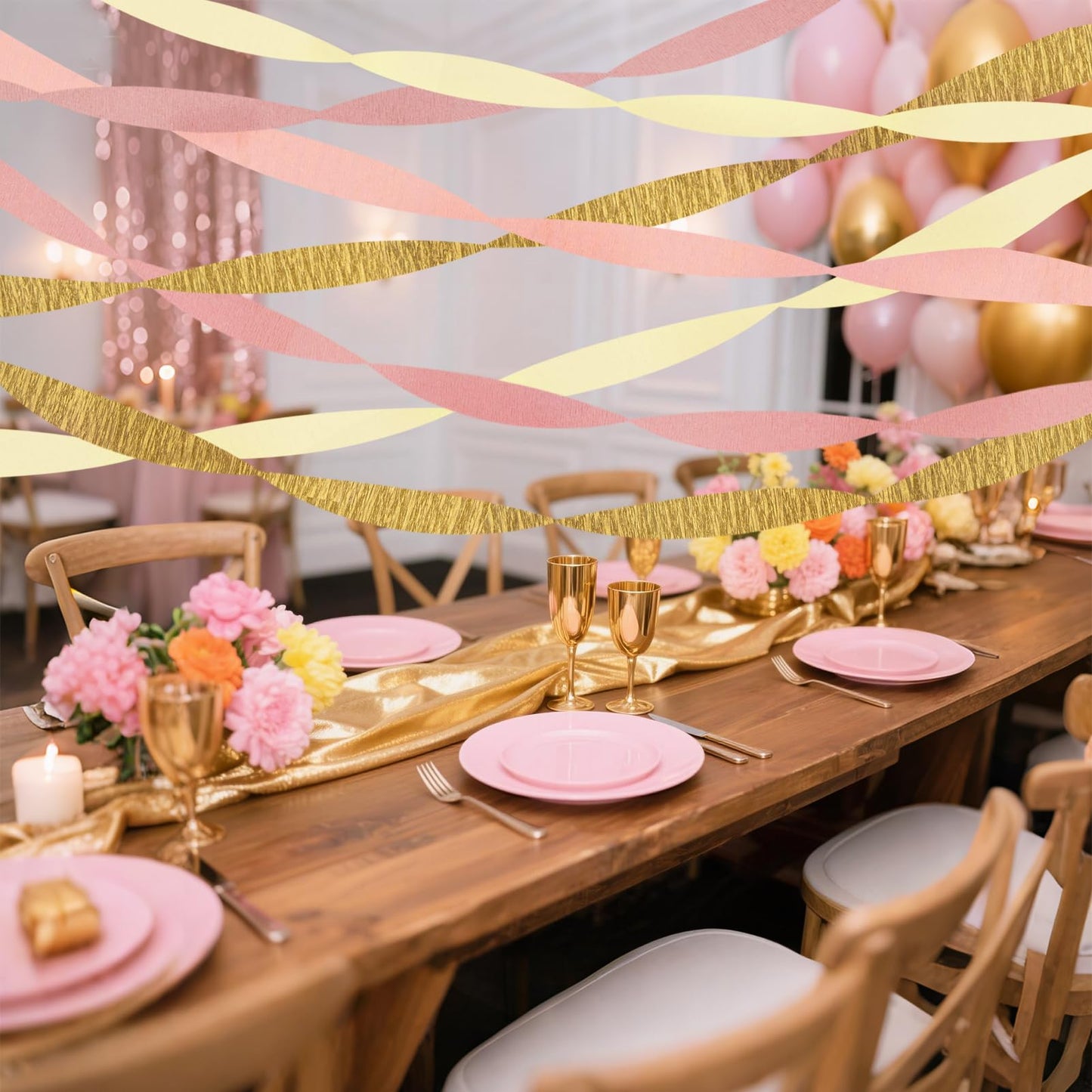 Riqiaqia Streamers Party Decorations,8 Rolls Pink Gold Crepe Paper Streamers for Wedding, Birthday, Bachelorette, Bridal Showerand Baby Shower Girl