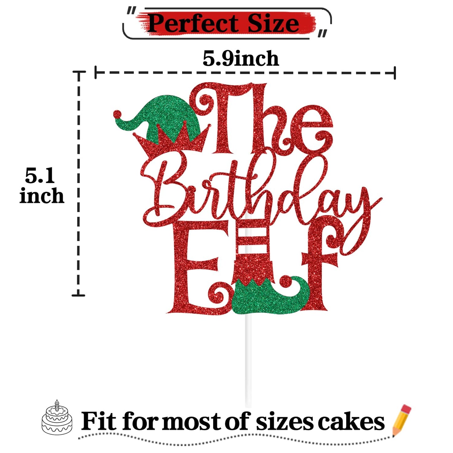 Red Glitter The Birthday Elf Cake Topper, I'm Back Elf Christmas Xmas Decor, Christmas New Year's Eve Birthday Party Decorations Supplies