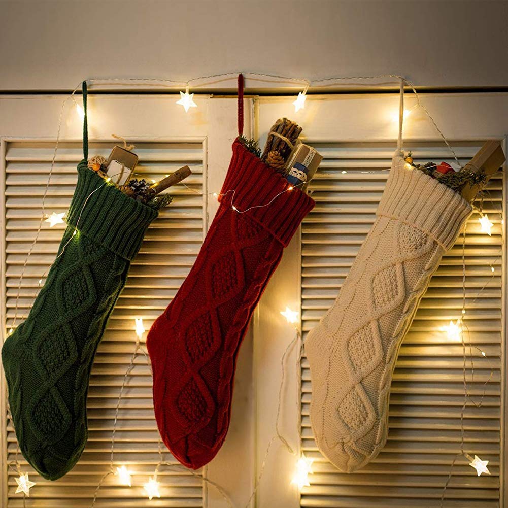 Meiosuns Christmas Stockings Cable Knit Stocking Christmas Decorations Goodie Bags Gift Fireplace Xmas Tree Stocking Ornaments for Holiday Family Friends (Green, Length 18",Pack of 1)