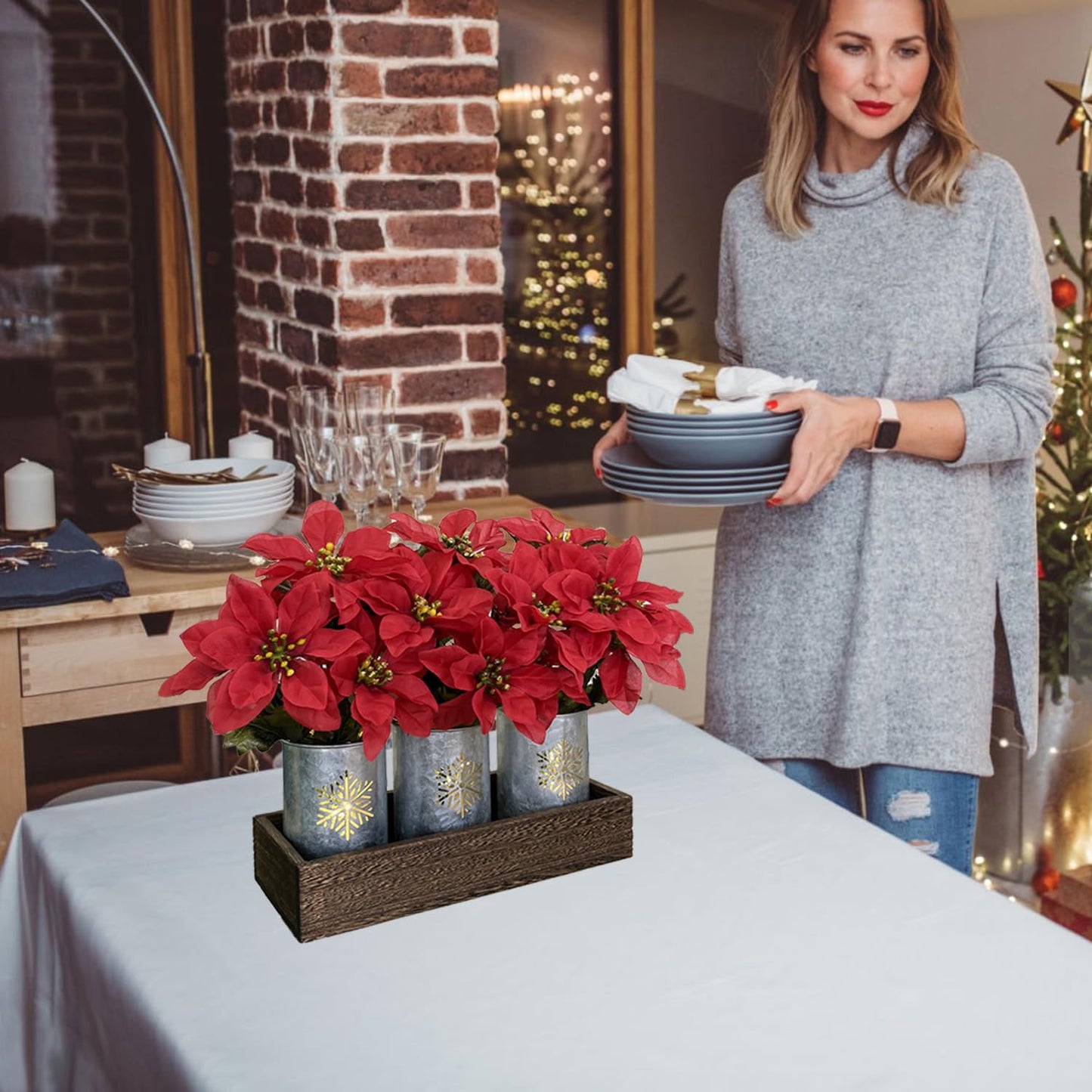HEMYLU Poinsettias Artificial Christmas Flowers with LED Lights, Red Xmas Table Centerpiece in Pots and Wood Box for Decoration