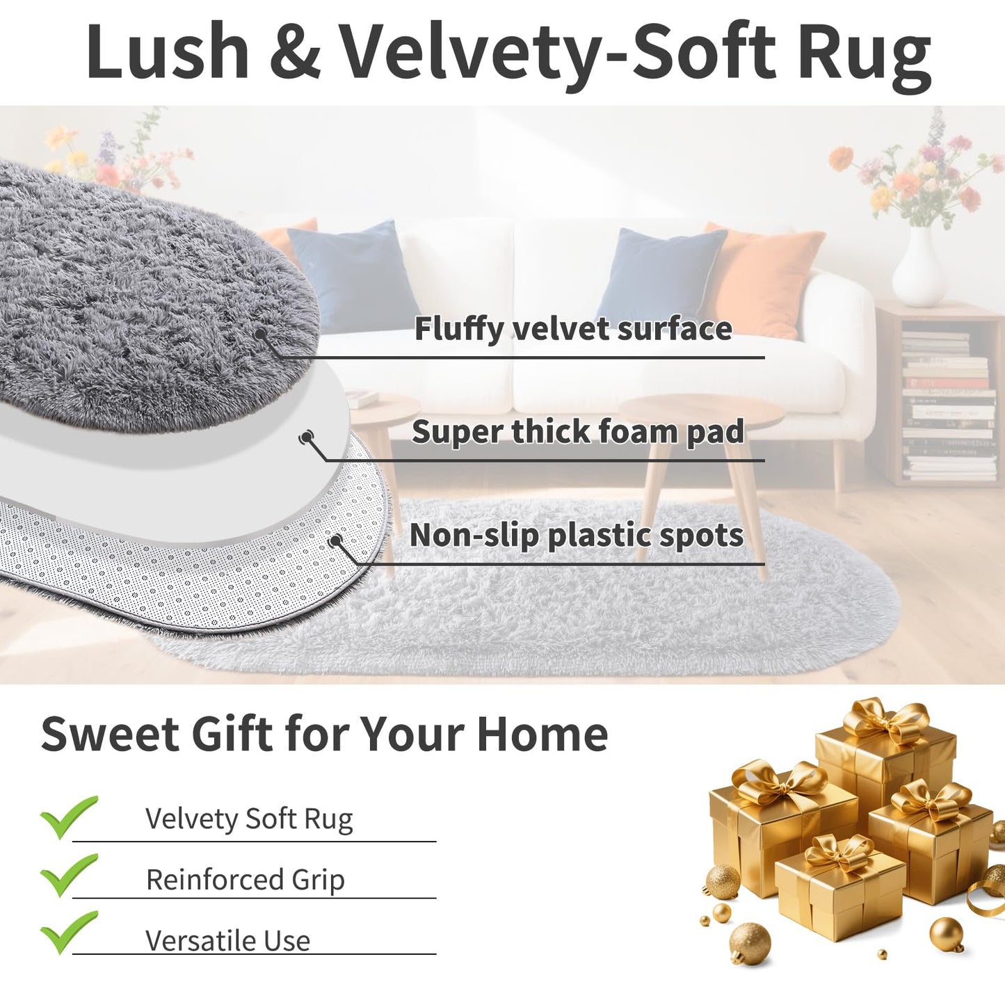 Noahas Fluffy Grey Rugs for Bedroom Living Room,2.6'X5.3' Oval Throw Rug for Kids Room,Shag Hallway Runner Rug,Small Soft Shaggy Bedside Non-Slip Plush Nursery Dorm Carpet Home Decor Aesthetic