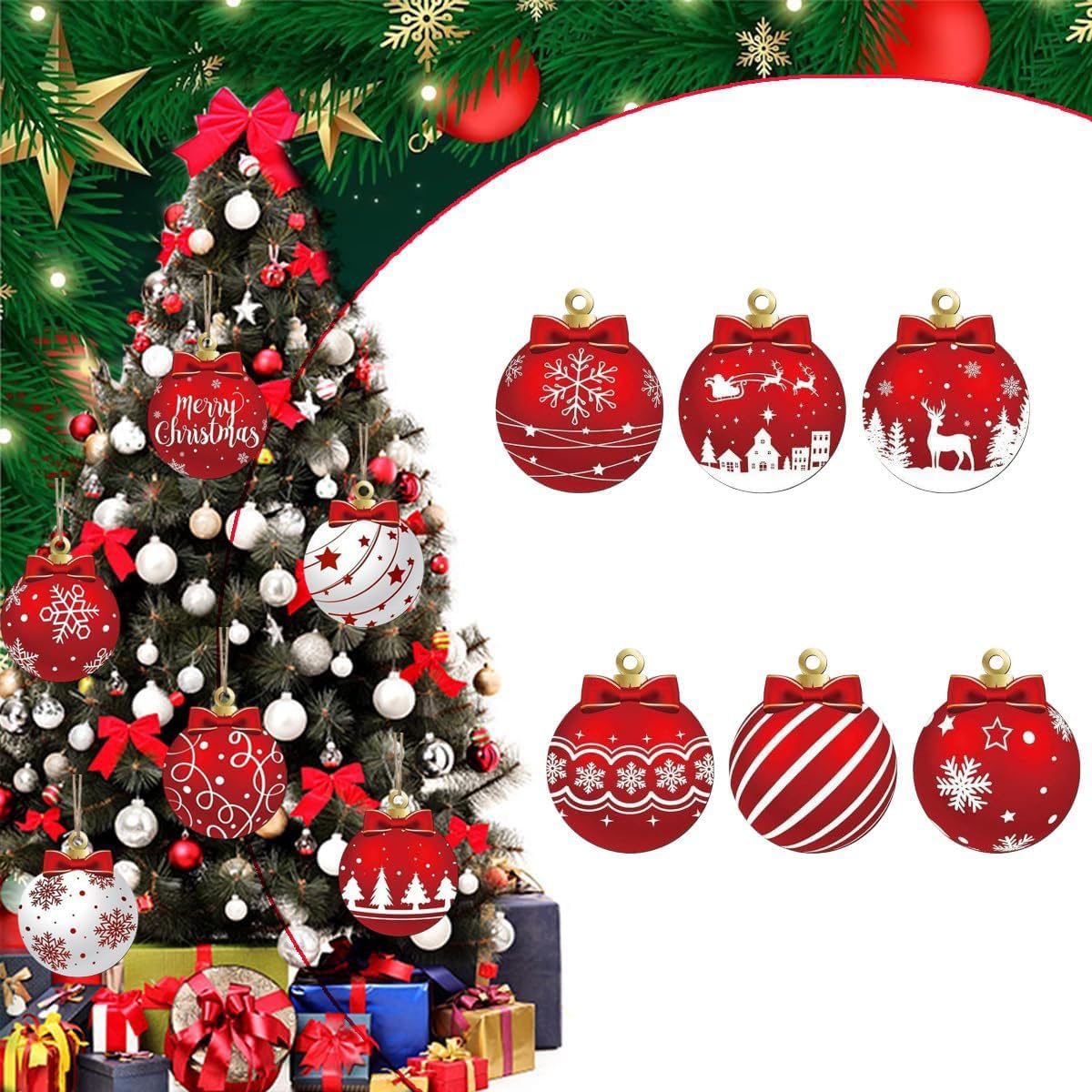 Christmas Tree Decorations Set, 12Pcs Wood Red & White Xmas Ball Hanging Ornaments with Merry Christmas, Bow, Snowflake, Elk and Star Design Winter Ornaments for Home Holiday Party Decor