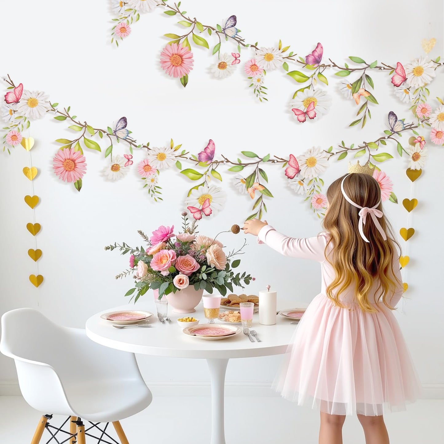 SUNBEAUTY 2Pcs Butterfly Daisy Garland Banner Reusable Waterproof Wildflower Garland 13ft for Enchanted Garden Woodland Birthday Baby Shower Bloom Tea Party Wedding Mother's Day Backdrop Decorations